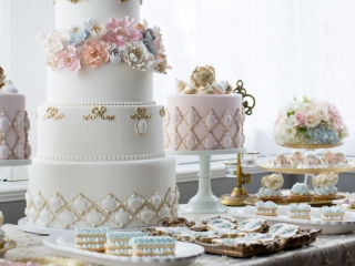 A selection of wedding cakes on display at a Wedding Fair