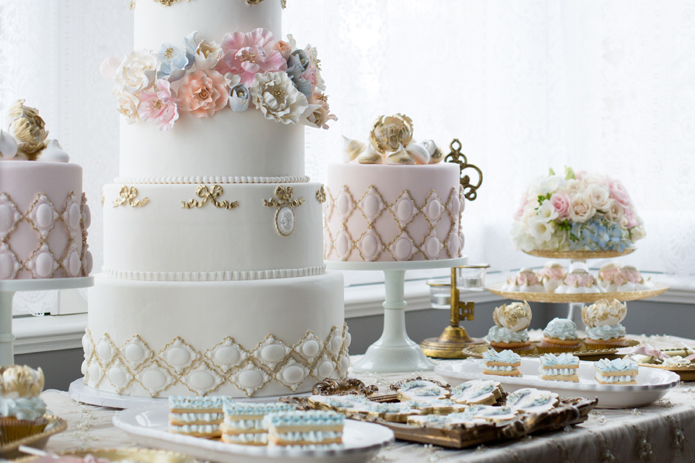A selection of wedding cakes on display at a Wedding Fair