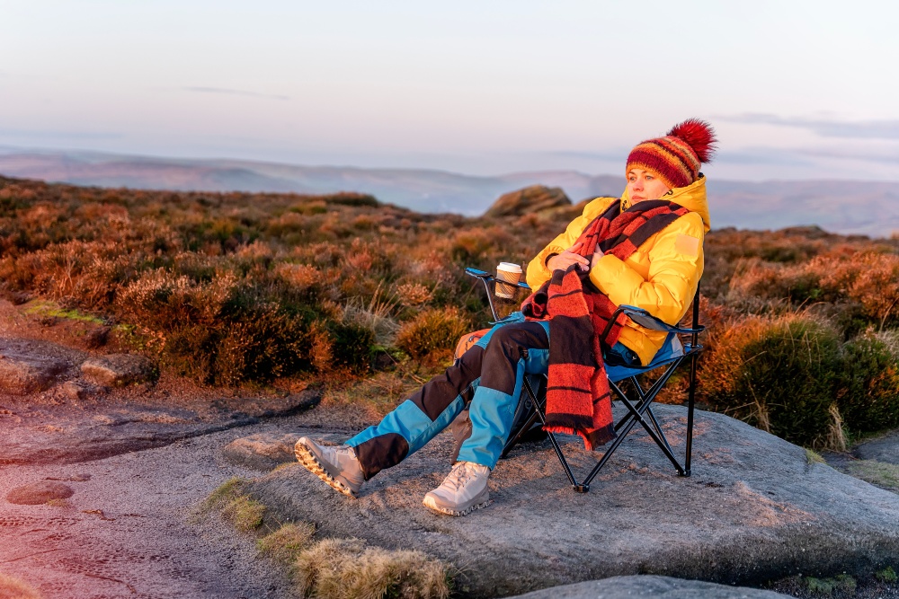 Person in a camping chair in warm clothes
