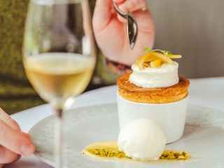 lemon &amp; pistachio soufflé crème fraîche sorbet - toasted marshmallow - lemon confit