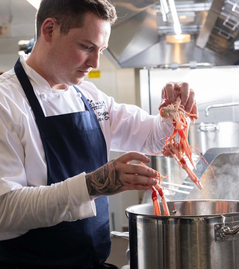 Langostines being cooked by chef for the Torrish Restaurant, at Ness Walk Hotel in Inverness. Langostines being cooked by chef for the Torrish Restaurant, at Ness Walk Hotel in Inverness.