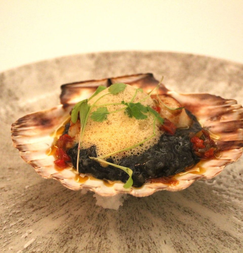 Pan-Seared-Orkney-Scallop-Chorizo-Squid-Ink-Risotto-Chilli-Foam-1