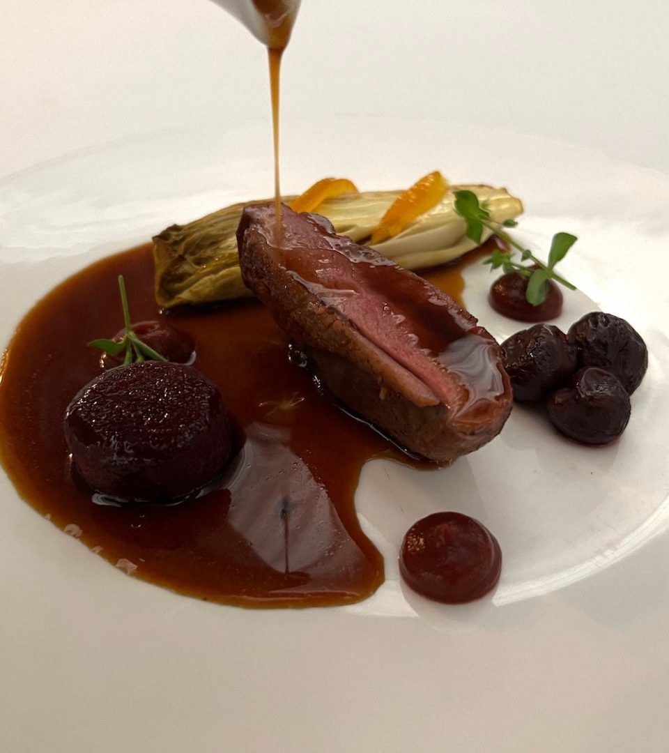 Roast-Gressingham-Duck-Breast-Braised-Chicory-Smoked-Beetroot-Puree-6