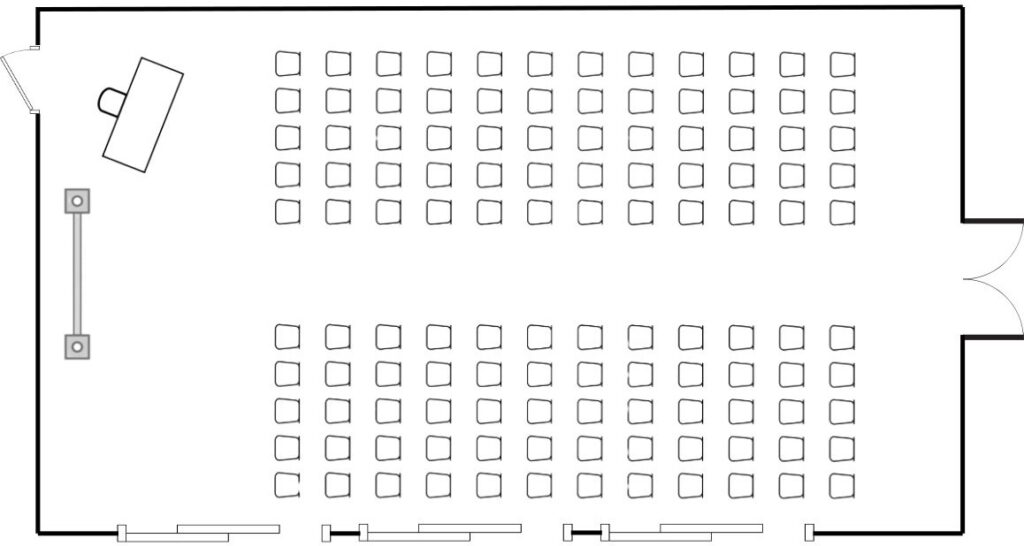 Theatre style floorplan in Riverbank Room for exclusive use business event