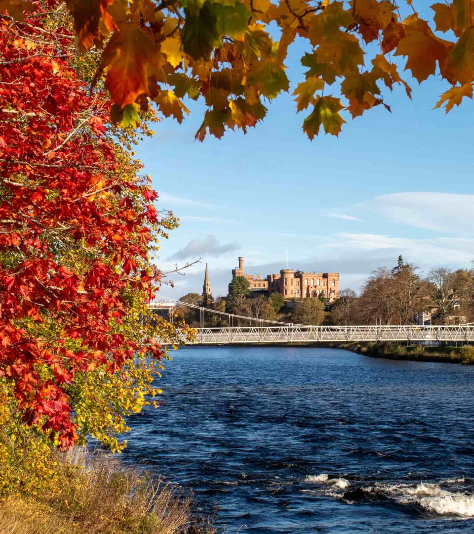 Autumn on Ness Walk overlooking the river with golden leaves and blue skies