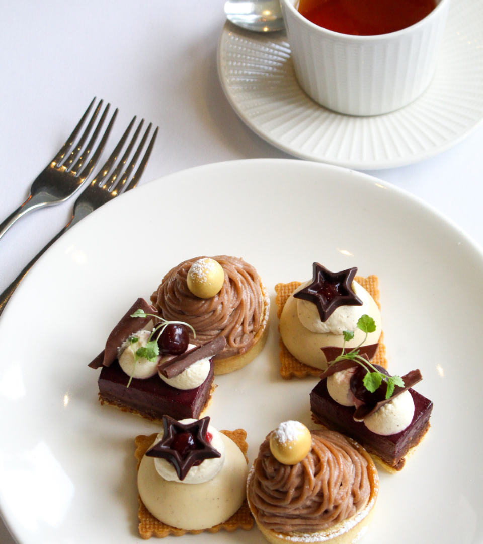 our exquisitely presented afternoon tea patisseries on a white plate, featuring chocolate chestnut mont blanc tarts dusted with icing sugar, dark chocolate and cherry mousse slices topped with cream and micro herbs, and vanilla dome pastries with dark chocolate star decorations, served alongside a cup of tea